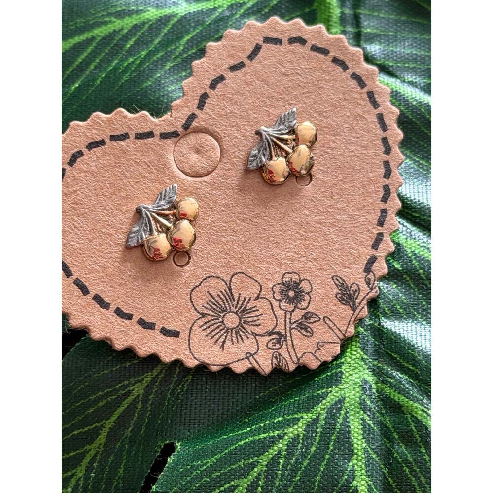 Dainty Gold Tone Cherry Stud Earrings Silver Tone Leaves Fruit Cottagecore - Picture 4 of 5